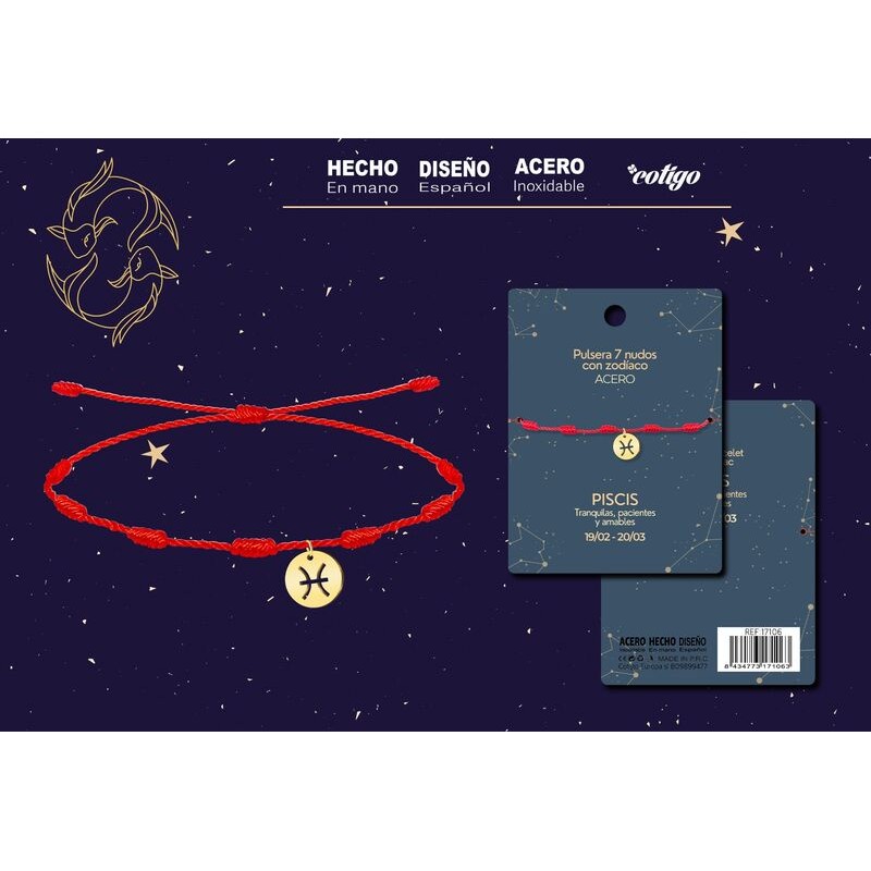 Pulsera 7 Nudos Colgante Piscis Dorado - Coleccion Constelaciones Zodiaco